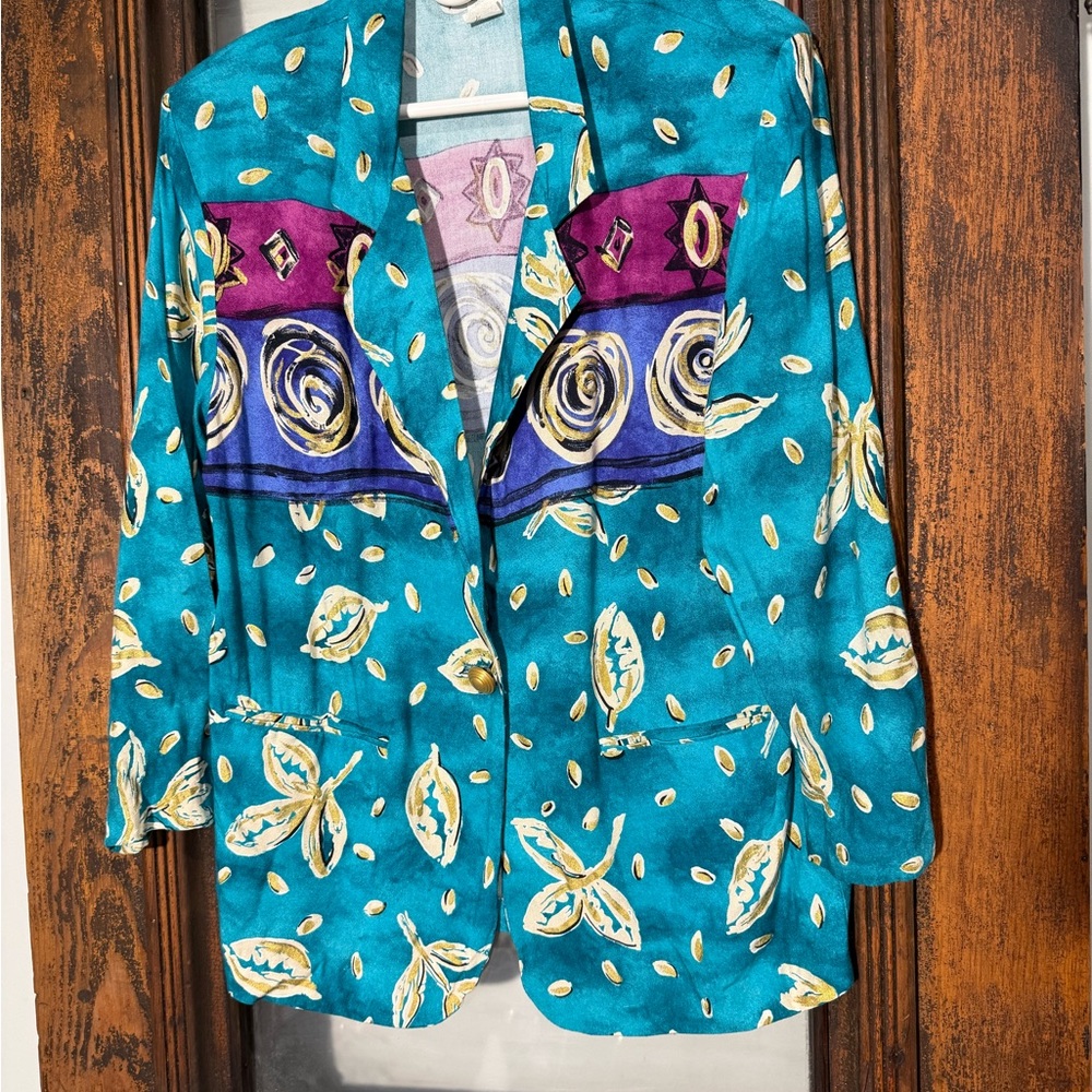 Vibrant Teal Women's Blazer with Artistic Patterns